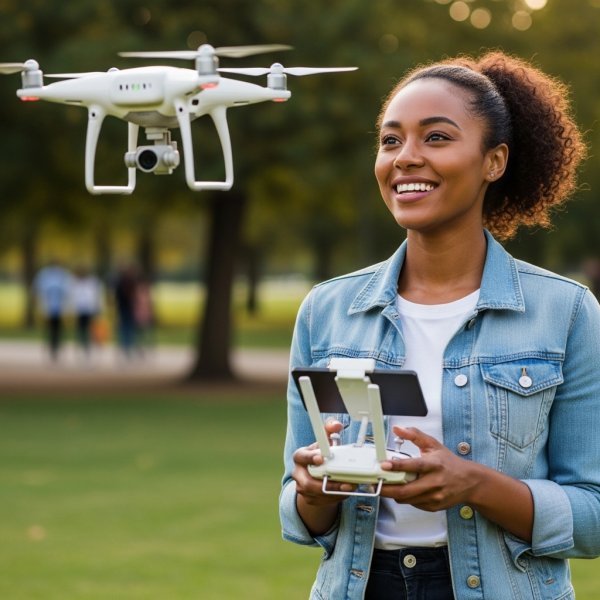 A pretty African woman flying a drone and smiling #3