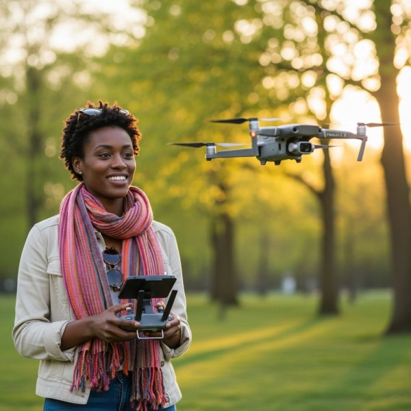 A pretty African woman flying a drone and smiling #1