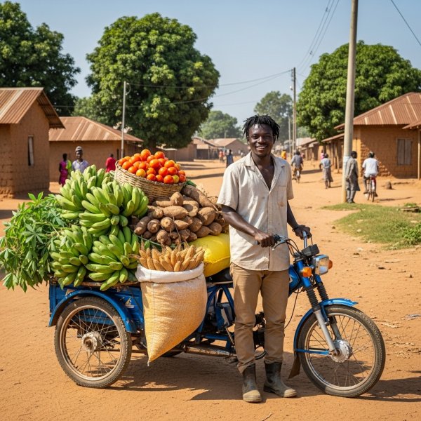 Young Black Ghanaian farmer standing beside a blue ‘aboboyaa’ tricycle loaded with harvested crops. #1