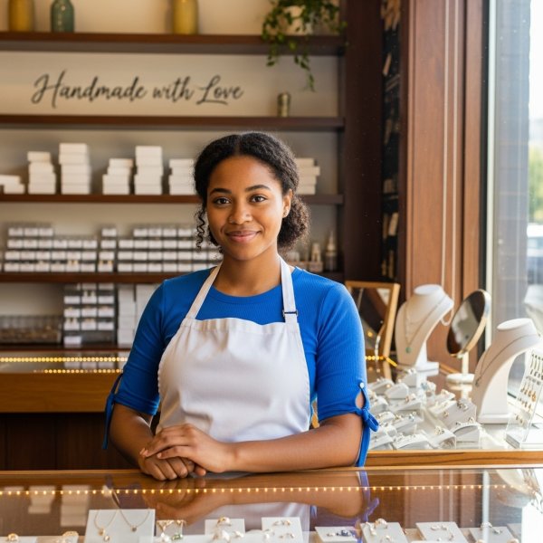 A black young lady in blue standing in her jewelry shop #4