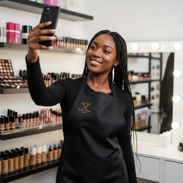 A black young lady holding a phone while standing in her make-up shop with an apron #4