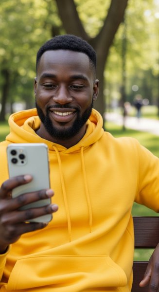 A black man in yellow is using his phone and smiling #2
