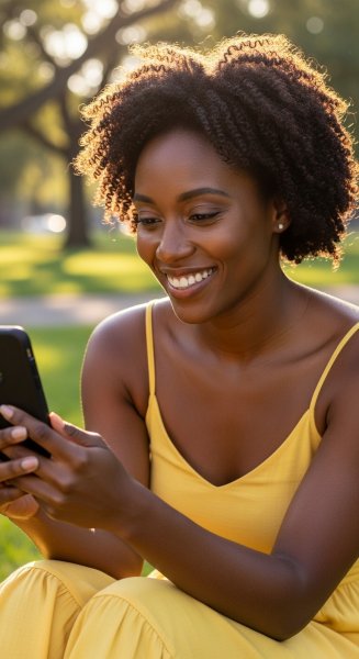 A black woman in yellow using her phone and smiling #2