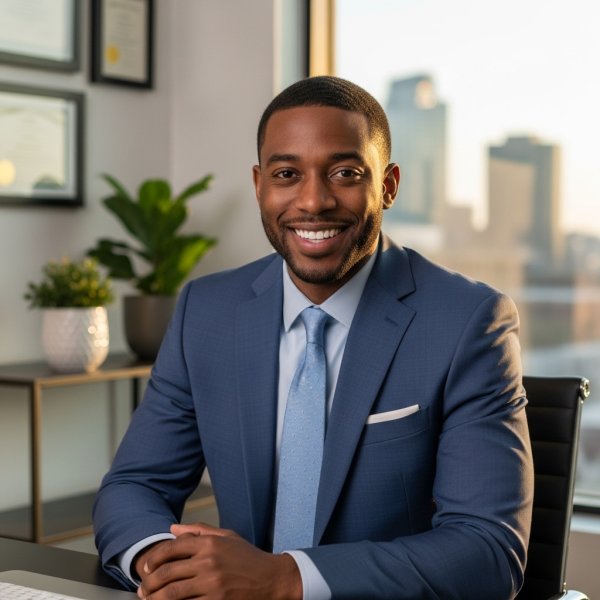 A handsome black man smiling and sitting in an office #2