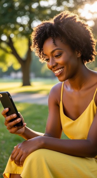 A black woman in yellow using her phone and smiling #3