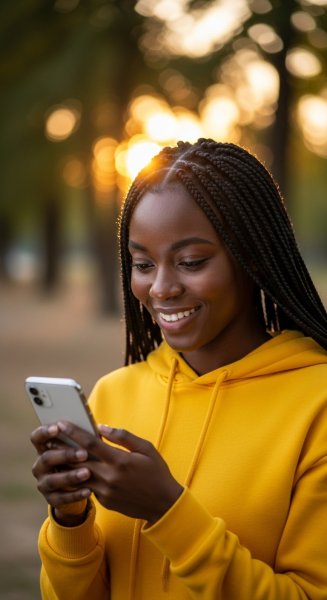 A black woman in yellow is using her phone and smiling #4
