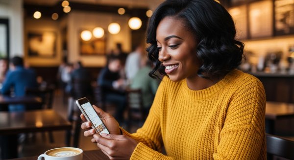 A black woman using her phone and smiling #1