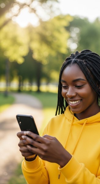 A black woman in yellow is using her phone and smiling #2