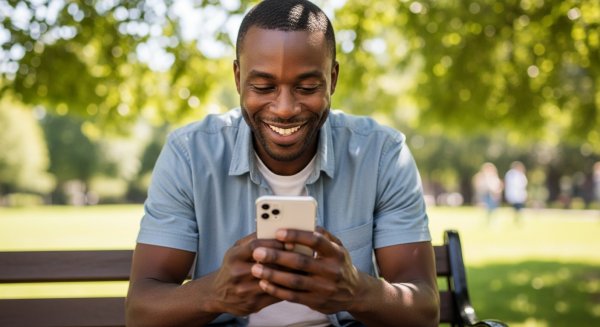 A black man using his phone and smiling #4