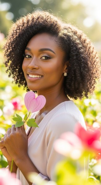 A black lady holding a love-shaped flower and smiling #2