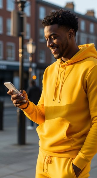 A black man in yellow is using his phone and smiling #5