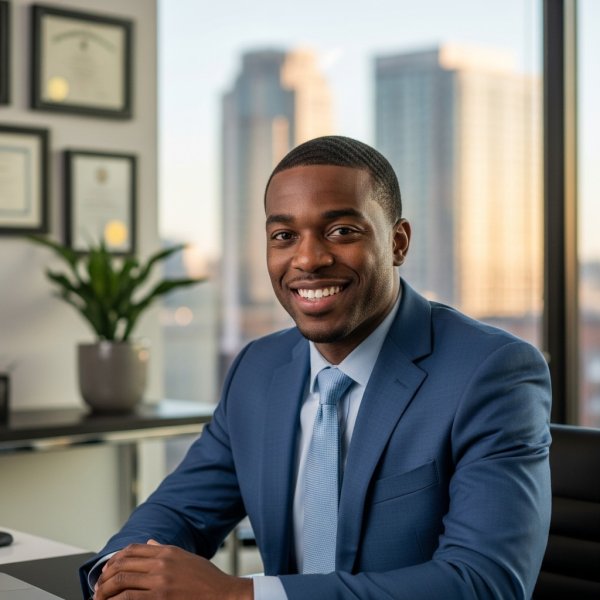 A handsome black man smiling and sitting in an office #4