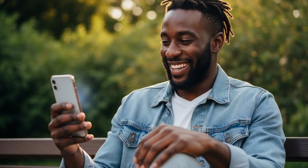 A black man using his phone and smiling #2