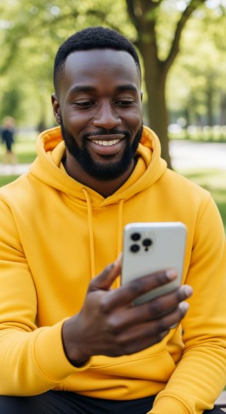 A black man in yellow is using his phone and smiling #4