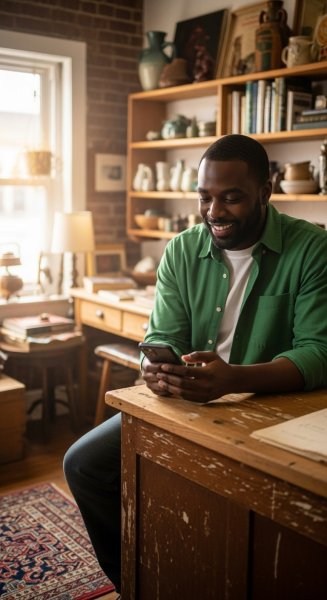 A black man in green is using his phone and smiling in his shop #1