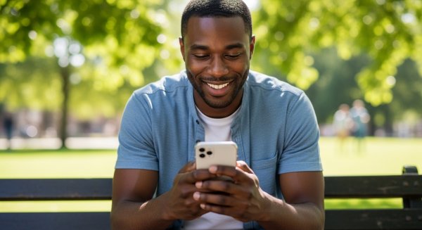 A black man using his phone and smiling #1