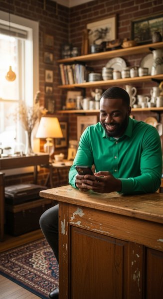 A black man in green is using his phone and smiling in his shop #2