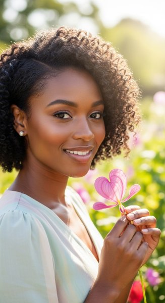 A black lady holding a love-shaped flower and smiling #4