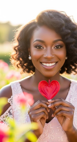A pretty black lady holding a love-shaped flower and smiling #2
