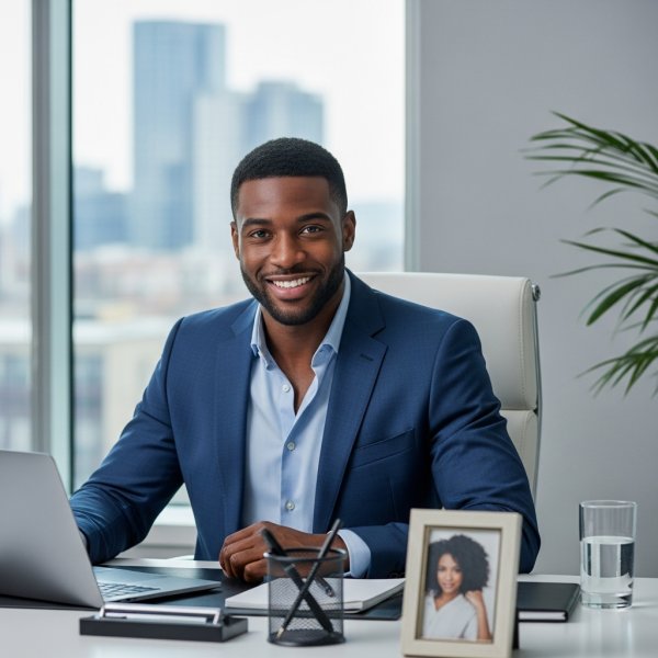A handsome black man smiling and sitting in an office #3