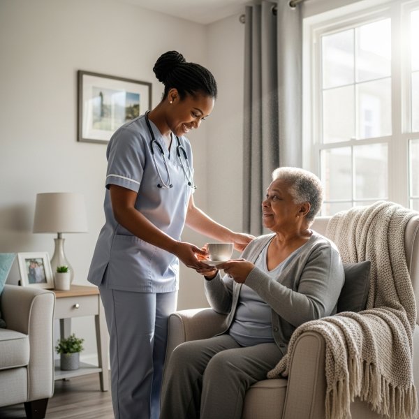 Black caregiver assisting an elderly person with daily activities at home #4