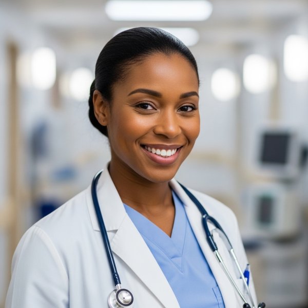 A fairly dark female nurse with a smile #3