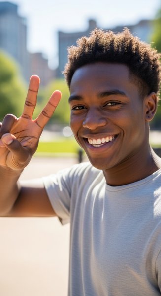 A young black man showing 2 fingers and smiling #3