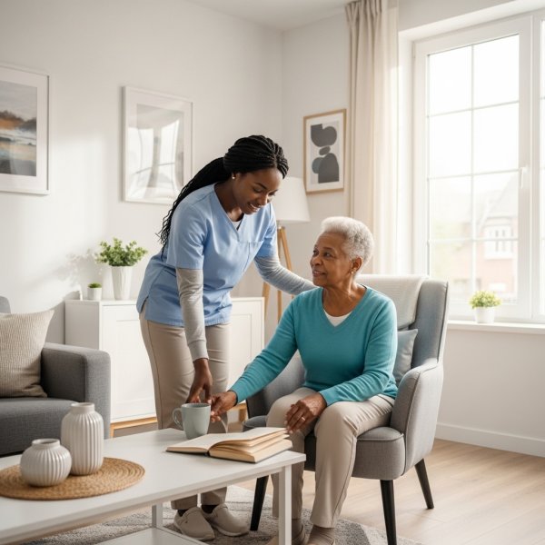 Black caregiver assisting an elderly person with daily activities at home #2