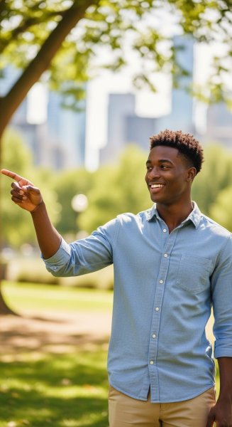 A young black man pointing to the left and smiling #2