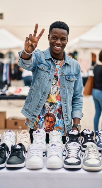 A young black man selling shoes showing 2 fingers and smiling #4