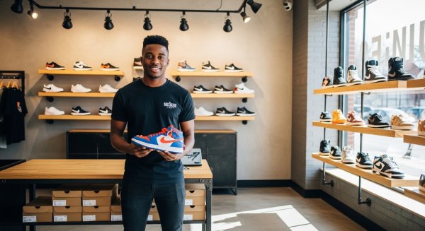 A young black man in his shop selling shoes #2