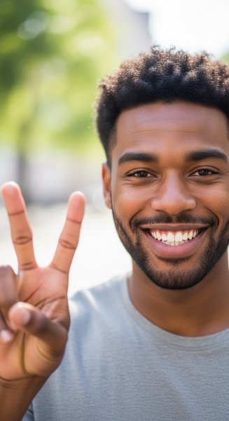 A young black man showing 2 fingers and smiling #2