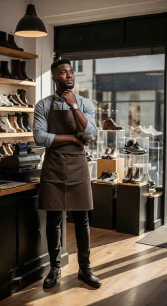 A young man standing in his shoe shop and thinking #2