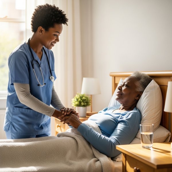 Black female Healthcare professional with short hair standing by an elderly black patient in their home bed #4