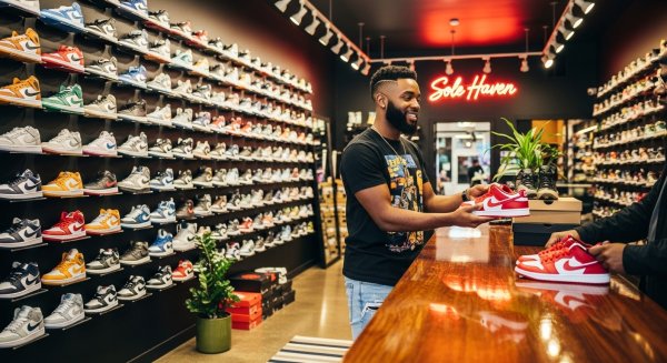 A young black man in his shop selling shoes #3