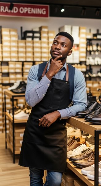 A black young man standing in his shoe shop and thinking #1