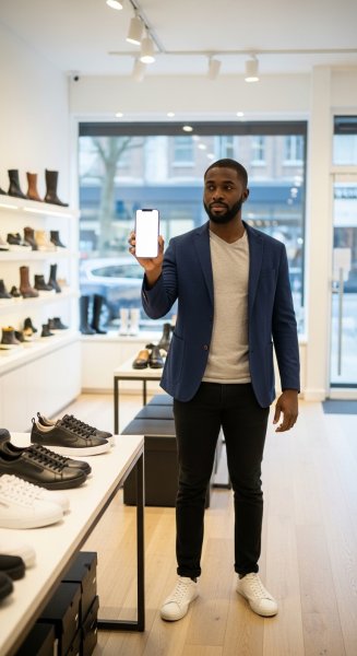 A black man standing in her shoe shop holding a phone mockup #2