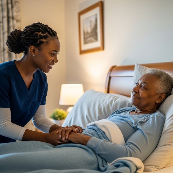 Black female Healthcare professional with nice hair standing by an elderly black patient in their home bed #4