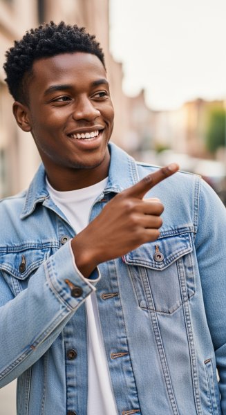 A young black man pointing to the right and smiling #3