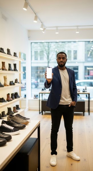 A black man standing in her shoe shop holding a phone mockup #1