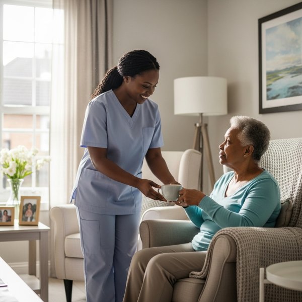 Black caregiver assisting an elderly person with daily activities at home #1