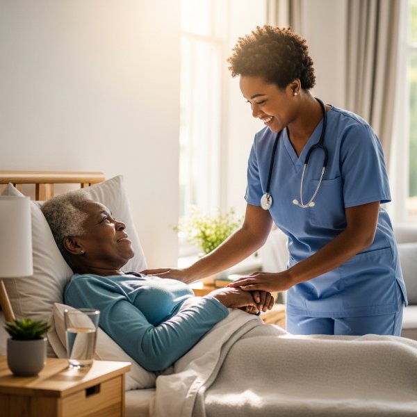 Black female Healthcare professional with short hair standing by an elderly black patient in their home bed #1