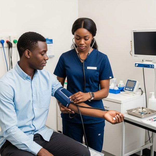 A black nurse in uniform checking vital signs of a patient, #4