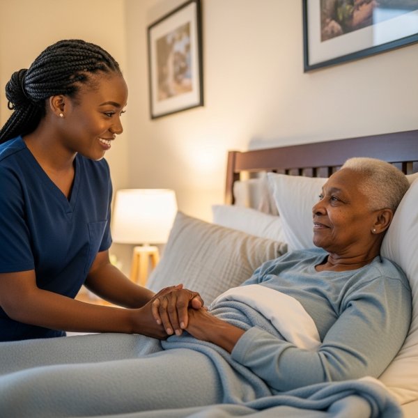 Black female Healthcare professional with nice hair standing by an elderly black patient in their home bed #1