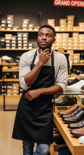 A black young man standing in his shoe shop and thinking #3