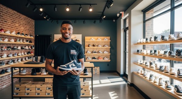 A young black man in his shop selling shoes #1
