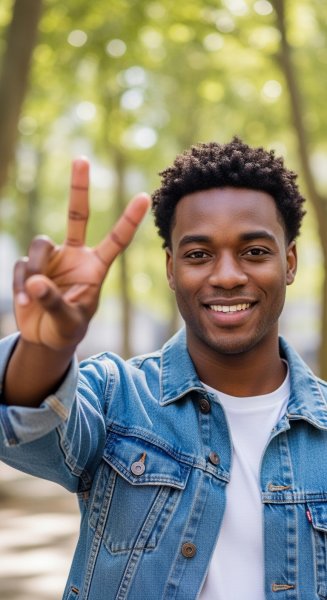 A young black man showing 2 fingers and smiling #1
