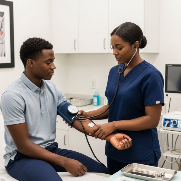 A black nurse in uniform checking vital signs of a patient, #1