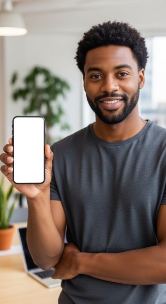 A black man holding a phone mockup #2