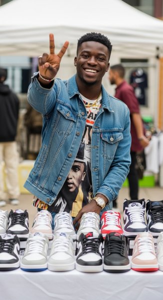 A young black man selling shoes showing 2 fingers and smiling #1